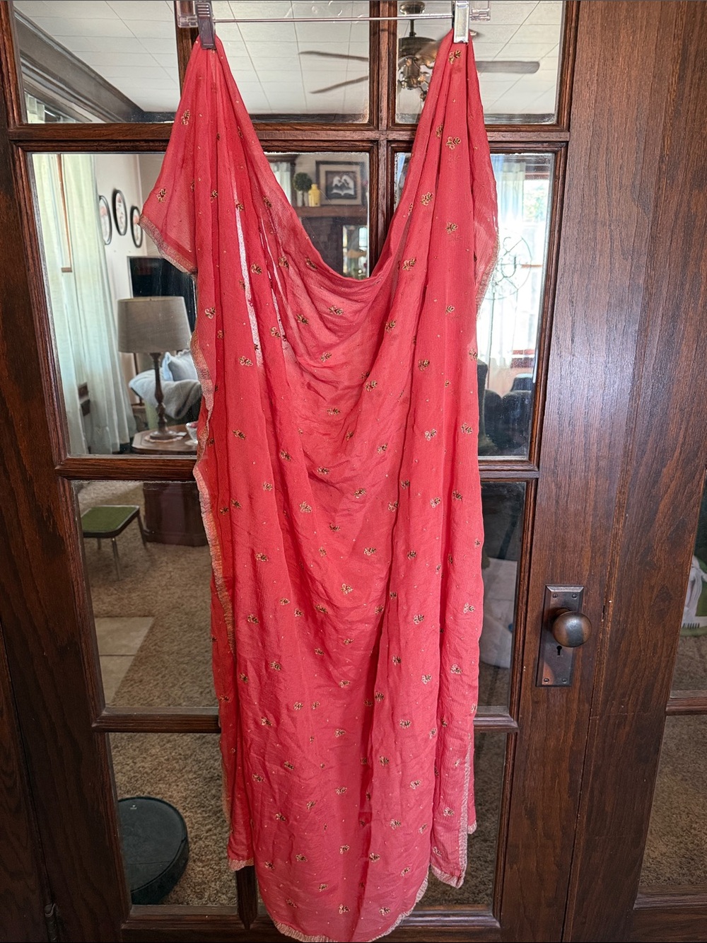 Coral Pink Embroidered Dupatta Scarf Gold Lace Trim Sheer Floral Ethnic Wrap - Picture 5 of 5